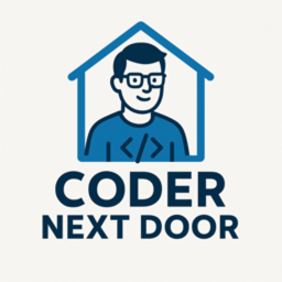 Coder Next Door logo symbolizing websites, apps, and tech help with local support and neighborhood-style service